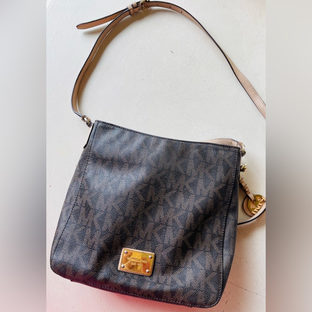 Michael Kors Brown Monogram Crossbody Bag with Tan Strap